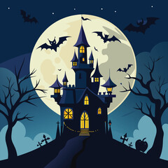 Spooky Haunted Castle on Halloween Night – Full Moon and Bats Illustration