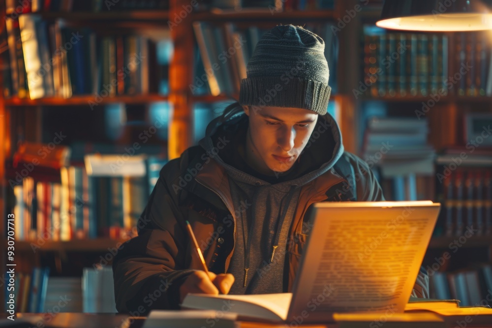 Poster a person sitting at a table with a book, possibly studying or reading for leisure