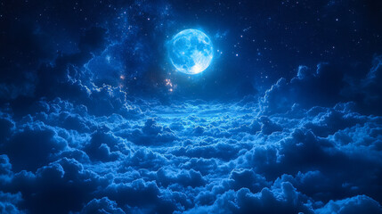 Fototapeta premium Bright Full Moon Shining Above Night Clouds with Starry Sky, Majestic Nighttime View, Tranquil and Dreamy Night Sky Photography