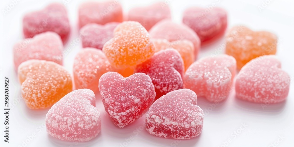 Canvas Prints A colorful pile of pink and orange gummy hearts on a white background