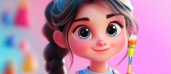 Fototapeta premium 3D cartoon close up of a lovely girl happily using a colorful paintbrush