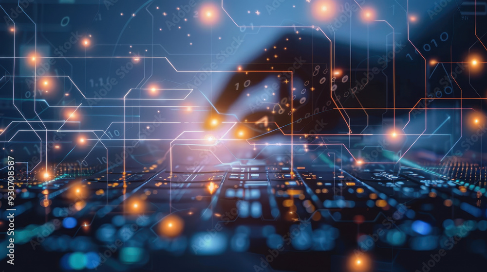 Poster abstract concept of iot and big data in a digital network and software development environment with 