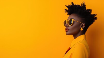 A stylish woman stands in profile wearing matching yellow attire and accessories, projecting confidence and flair against a vibrant and bold monochrome yellow background.