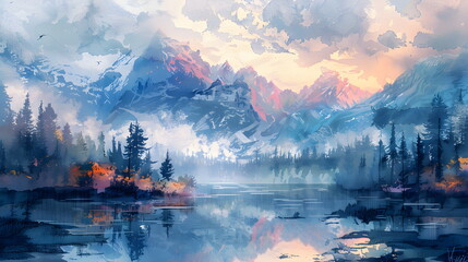 Obraz premium This watercolor artwork features a romantic and gorgeous landscape with mountains and forest. It may be used as a smartphone wallpaper, print, or interior decoration.