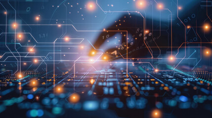 Abstract Concept of IoT and Big Data in a Digital Network and Software Development Environment with High-Tech Circuit Board and Glowing Data Points, Illuminated by Light Effects