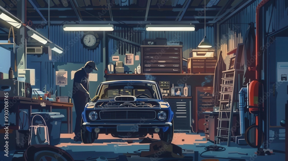 Aufkleber A mechanic conducts computer diagnostics on a vehicle while repairing the engine in a well-equipped garage. Generative AI