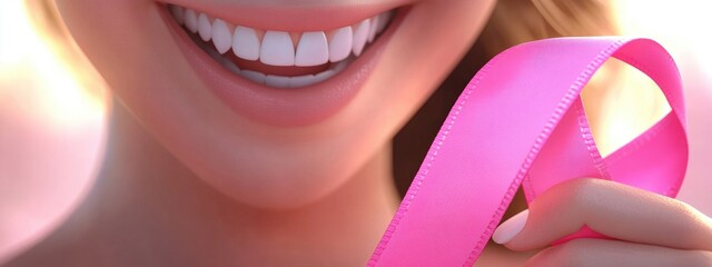 3D Cartoon Close Up of a Woman Joyfully Holding a Bright Pink Ribbon Symbolizing Breast Cancer Awareness