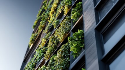 A close-up of a building facade adorned with a vertical garden, exhibiting vibrant, lush greenery that symbolizes urban sustainability and modern design aesthetics.