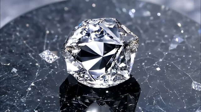 A close-up shot of a sparkling diamond resting on a reflective surface, surrounded by scattered light reflections, highlighting its intricate facets and brilliance.

