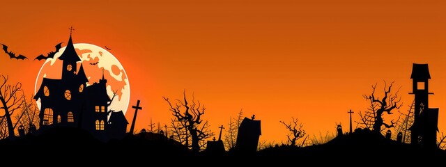 Halloween banner night background with a silhouette of a haunted house, moon and spooky trees on an orange sky black silhouettes of buildings, trees leaves, bat flying, black witch home 