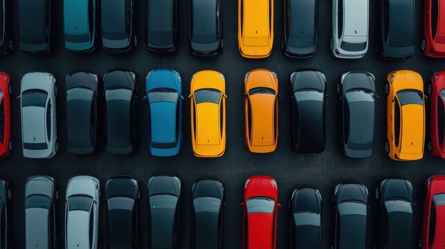 An aerial shot showcasing an organized arrangement of colorful cars parked in a parking lot. The cars are neatly aligned, creating a visually appealing pattern of colors and shapes.