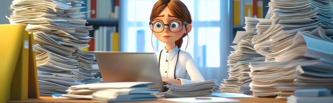 3D cartoon female accountant surrounded by a mountain of papers at her desk