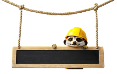 A happy meerkat wearing a yellow construction helmet, peeking over a school long blackboard hanging from a rope, isolated, cut out.