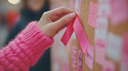 Woman’s hand placing pink ribbon on hope-filled message board. Breast Cancer Awareness