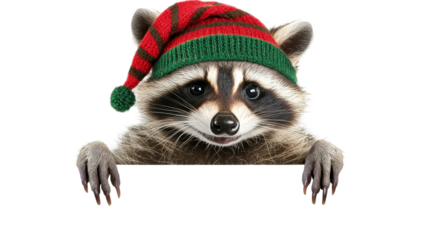 A smiling raccoon wearing a red and green striped elf hat, peeking over a white web banner, isolated, cut out.