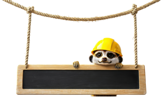 A happy meerkat wearing a yellow construction helmet, peeking over a school long blackboard hanging from a rope, isolated, cut out.