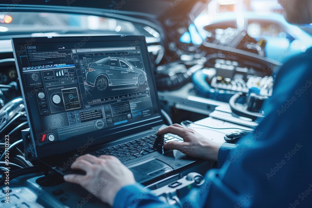 Aufkleber a mechanic is conducting a computer diagnosis and working on an engine repair in a modern automotive
