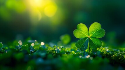 A four leaf clover in the middle of a field of green grass