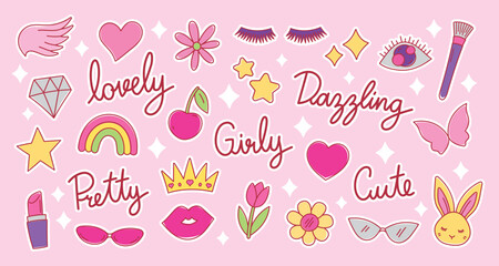 cute fashionable hand drawn girly graphic element vector set with white outline for decorating your artwork