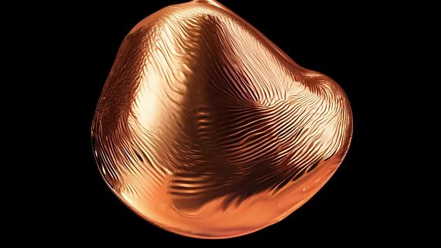 Realistic 3D animation of an abstract, morphing liquid iridescent copper form with a textured surface against a black background.

