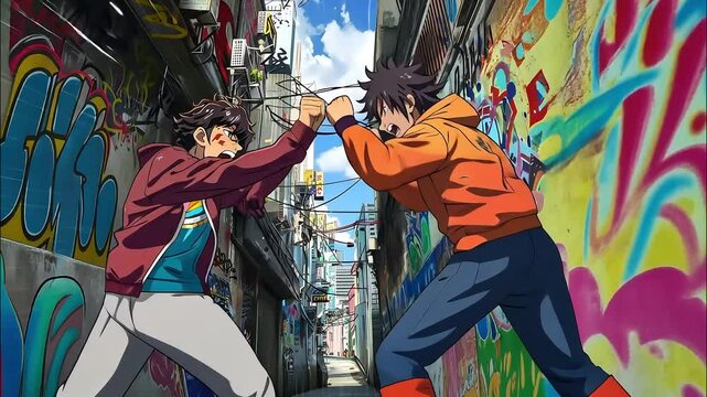 Two animated characters, dressed in casual streetwear, are engaged in an intense confrontation in a graffiti-covered alleyway under a bright blue sky, showcasing a dynamic and vibrant urban scene.

