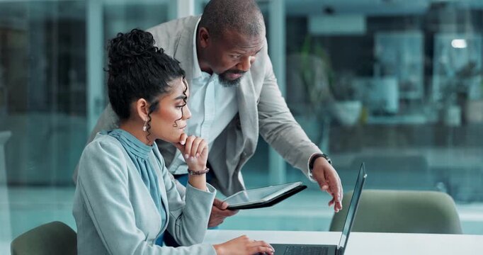 Business, meeting and employees with discussion, communication or planning in office. Mentor, man and woman with gesture for collaboration, workshop or teamwork for kpi goals, target or support