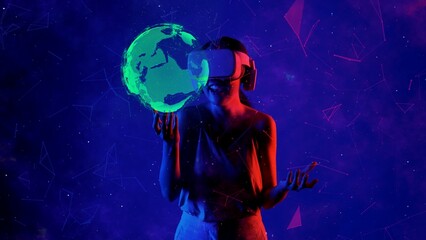 Smiling woman in VR turning on holding green world looking through metaverse blue neon digital universe rotating global on virtual space fantastic exploration nebula vibrant meta world. Hallucination.