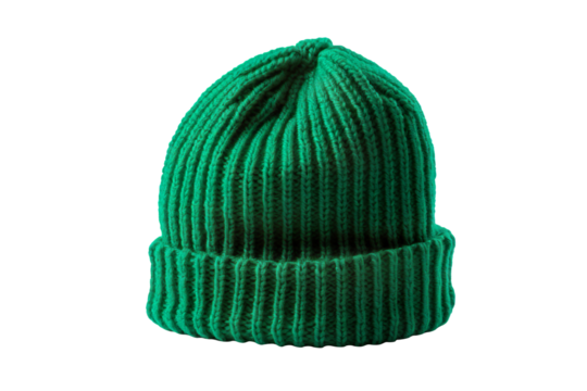 A green beanie isolated on clear white and transparent background