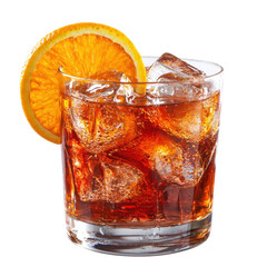 A negroni with an orange slice, isolated, cut out.
