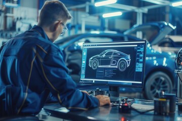 A mechanic is conducting a computer diagnosis on a vehicle while working on engine repairs in a well-equipped auto shop. Generative AI