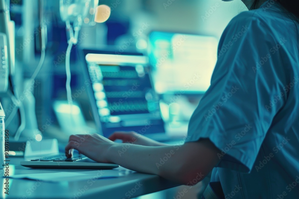 Poster a person sitting at a desk using a laptop computer, suitable for office or home use