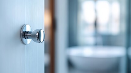 This photograph features a shiny silver knob affixed to a blue wooden door, offering a glimpse into a modern bathroom, highlighting clean lines and contemporary design aesthetics.