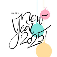 Vector illustration. Handwritten calligraphic brush lettering composition of Happy New Year 2025 on white background.