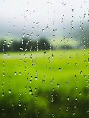 A window with water droplets on it and a green field in the background