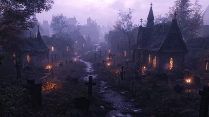 Misty Cemetery with Lights in Mystical Autumn Old Small Town 3D Art Fantasy Illustration. Spooky Huts in Ghost Village Mysterious Halloween Background. Ominous Witch Street in Oldtown AI Generated Art