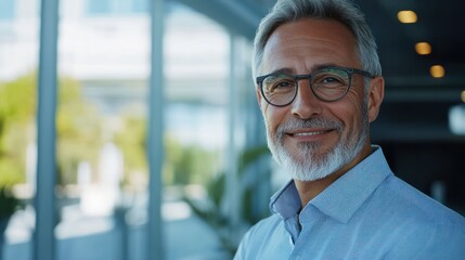 Fototapeta premium portrait of successful senior businessman consultant looking at camera and smiling inside modern office building