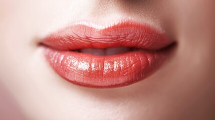 Close-up photo of woman s glossy lips with coral lipstick, beauty concept in makeup industry, high-quality image for cosmetic advertisements