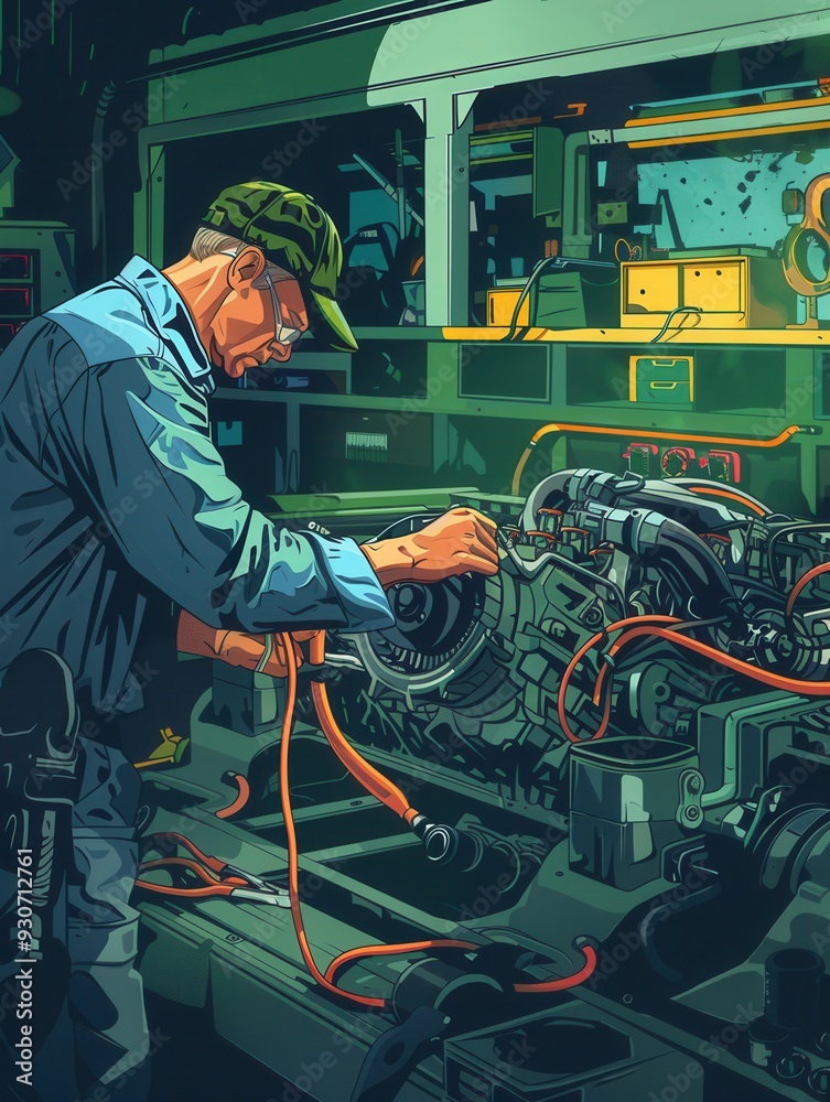 Leinwandbilder a mechanic conducts a computer diagnosis on a vehicle while working on the engine repair in an auto 