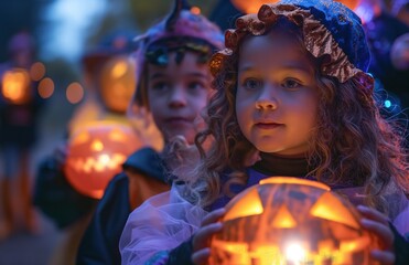 Obraz premium Children in costumes carry Halloween pumpkins.