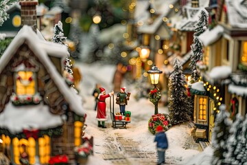 Obraz premium A picturesque view of a Christmas village with quaint shops and houses, snow - covered rooftops, and people walking with gifts