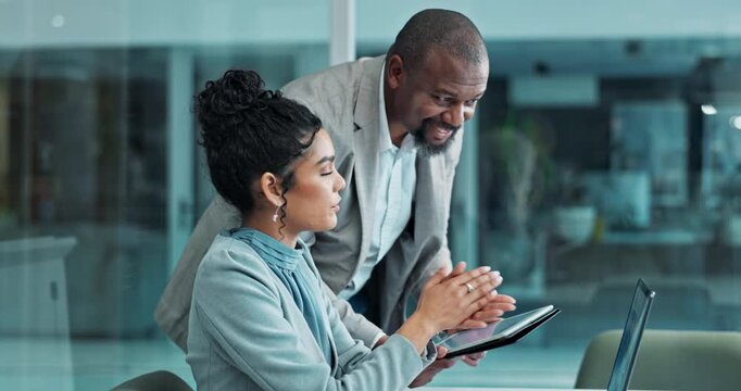 Business, planning and employees with discussion, communication or meeting in office. Mentor, man and woman with gesture for collaboration, workshop or teamwork for kpi goals, target or support