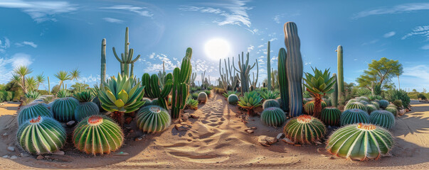 Panoramic view of desert garden with various types of cacti and succulents under a bright sun. Blue sky and sandy terrain enhance the vibrant greenery of the plants