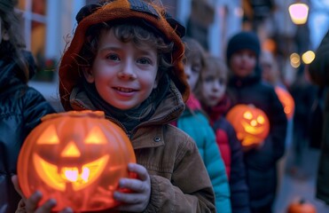 Fototapeta premium Children in costumes carry Halloween pumpkins.