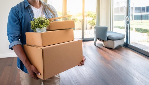 A young man carrying boxes to move into his new home; a guy is moving boxes into his new residence; selective focus on the boxes and hands; blurred background