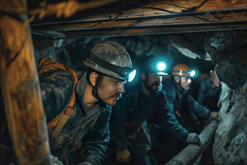 Miners working in narrow underground tunnel, wearing helmets with headlamps. They are focused and moving carefully, illuminated by their headlamps