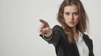 Fototapeta premium Confident young woman in black suit pointing directly at camera with a serious expression against a light gray background. She exudes determination and authority, reflecting assertiveness and focus