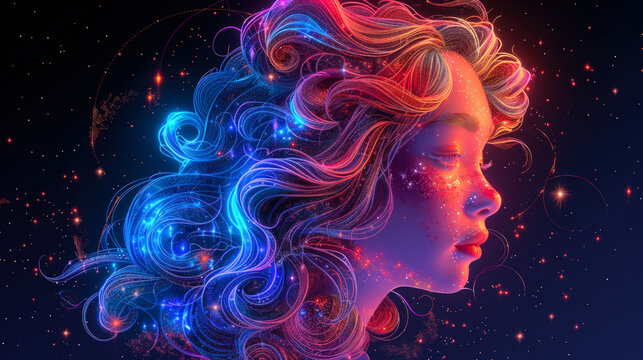 Virgo Woman with Flowing Neon Hair and Cosmic Glow
