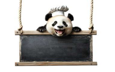 A happy panda bear wearing a chef’s hat, peeking over a school long blackboard hanging from a rope, isolated, cut out