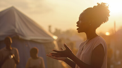 Young African woman with natural hairstyle speaks passionately in refugee camp at sunset. Warm sunlight illuminates her expressive face and hands, with tents and people silhouetted in background