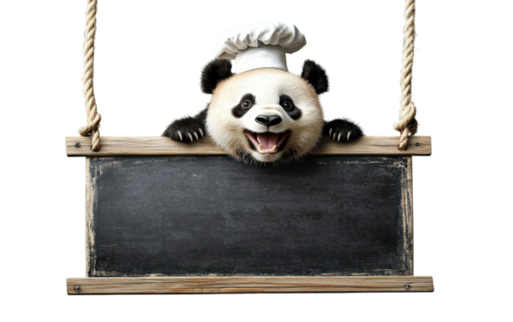 A happy panda bear wearing a chef’s hat, peeking over a school long blackboard hanging from a rope, isolated, cut out